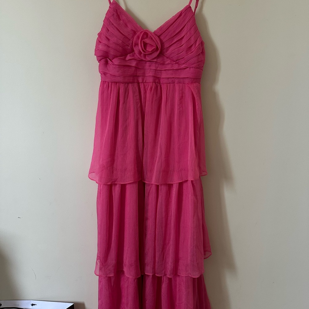 Long Pink Tiered Chiffon Spaghetti Strap Dress